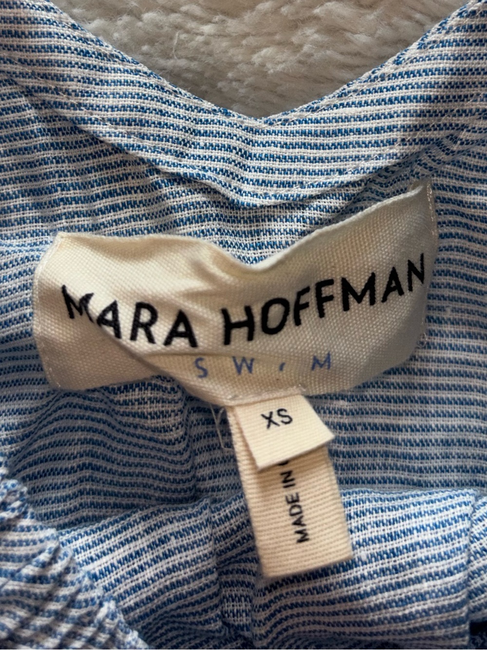 Mara Hoffman Swim Blue Striped Hemp Off-shoulder Puff Sleeve Bandeau Top - Picture 4 of 7